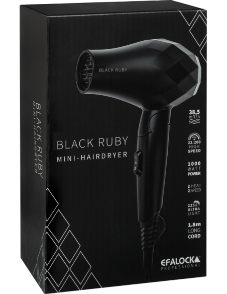 Efalock BLACK RUBY kompakt resehårtork — svart, hopfällbar resemodell på 1000 W