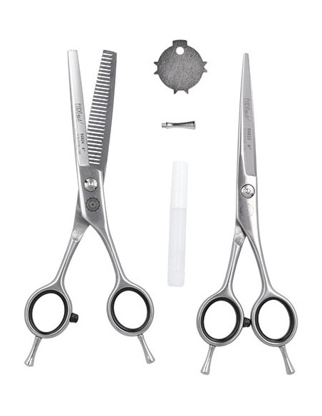 Set med professionella hårklippsaxar + gallringsaxar, rak form 15 cm