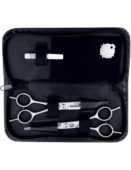 Set med professionella hårklippsaxar + gallringsaxar, rak form 15 cm