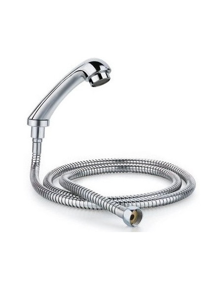 Duschmunstycke med korrugerad silverfärgad metallslang, rak