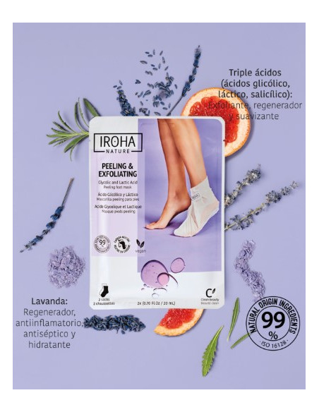 Iroha Nature exfolierande maskstrumpor för fötterna med glykolsyra och lavendel för borttagning av död hud och förhårdnader, 1 p
